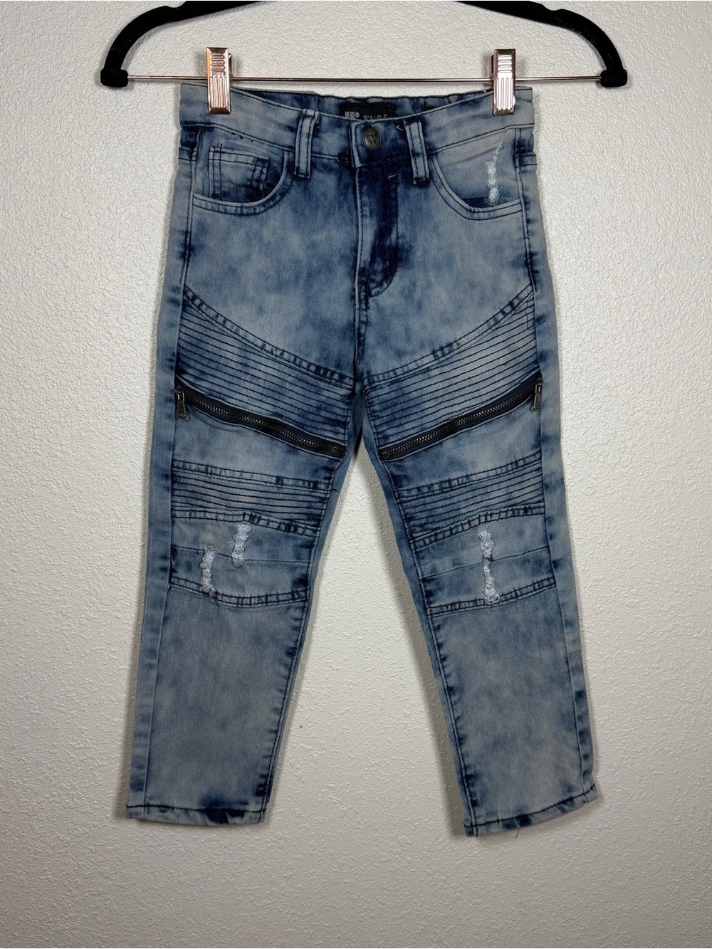 Boys Waimea Acid Wash Skinny Fit Moto Style Streetwear Ribbed Denim Jeans Zip 4
